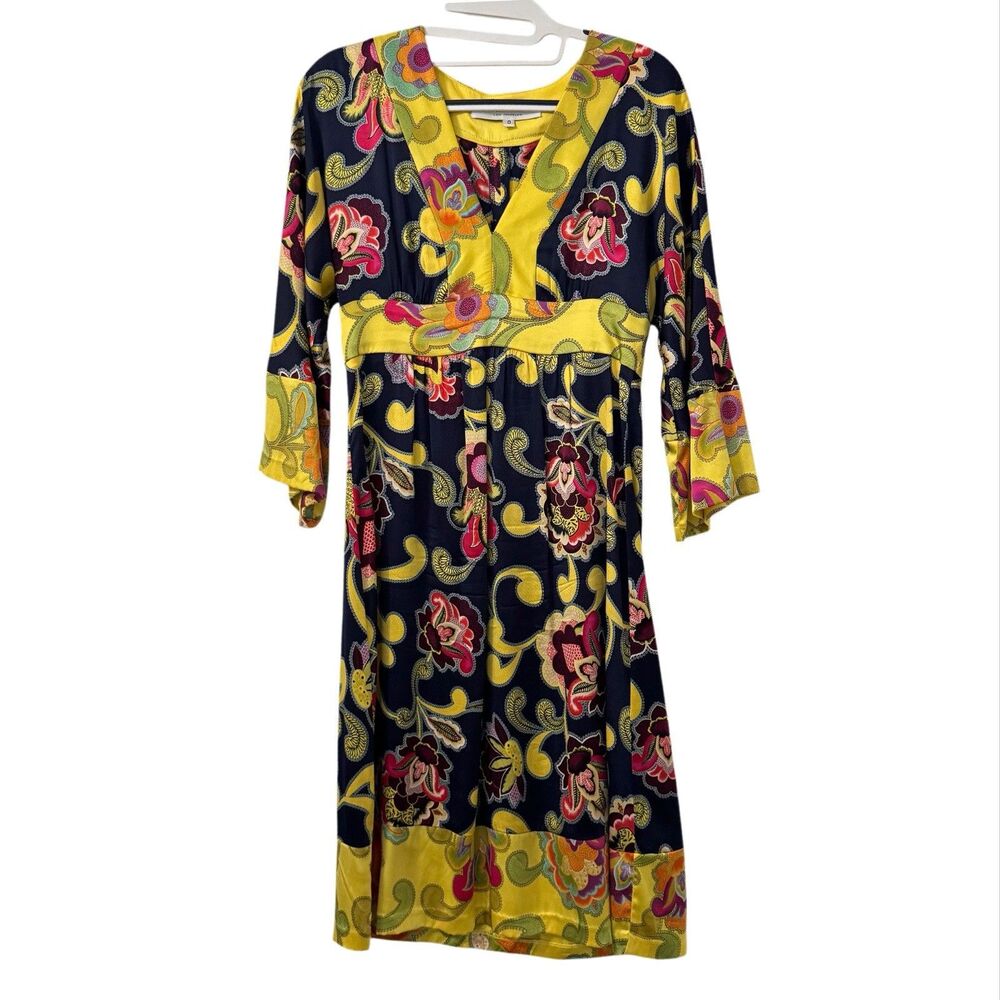Trina Turk Silk Blend Kimono Dress Womens 0 V-Neck Floral Bohemian Chic Y2K